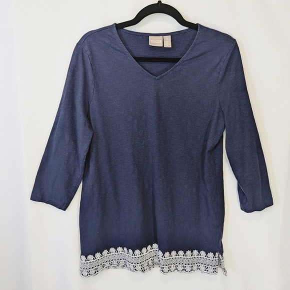 Chico's Tops - Chico's Long Navy Tunic with White Embroidery Cotton, Women's Size 1 (Medium)